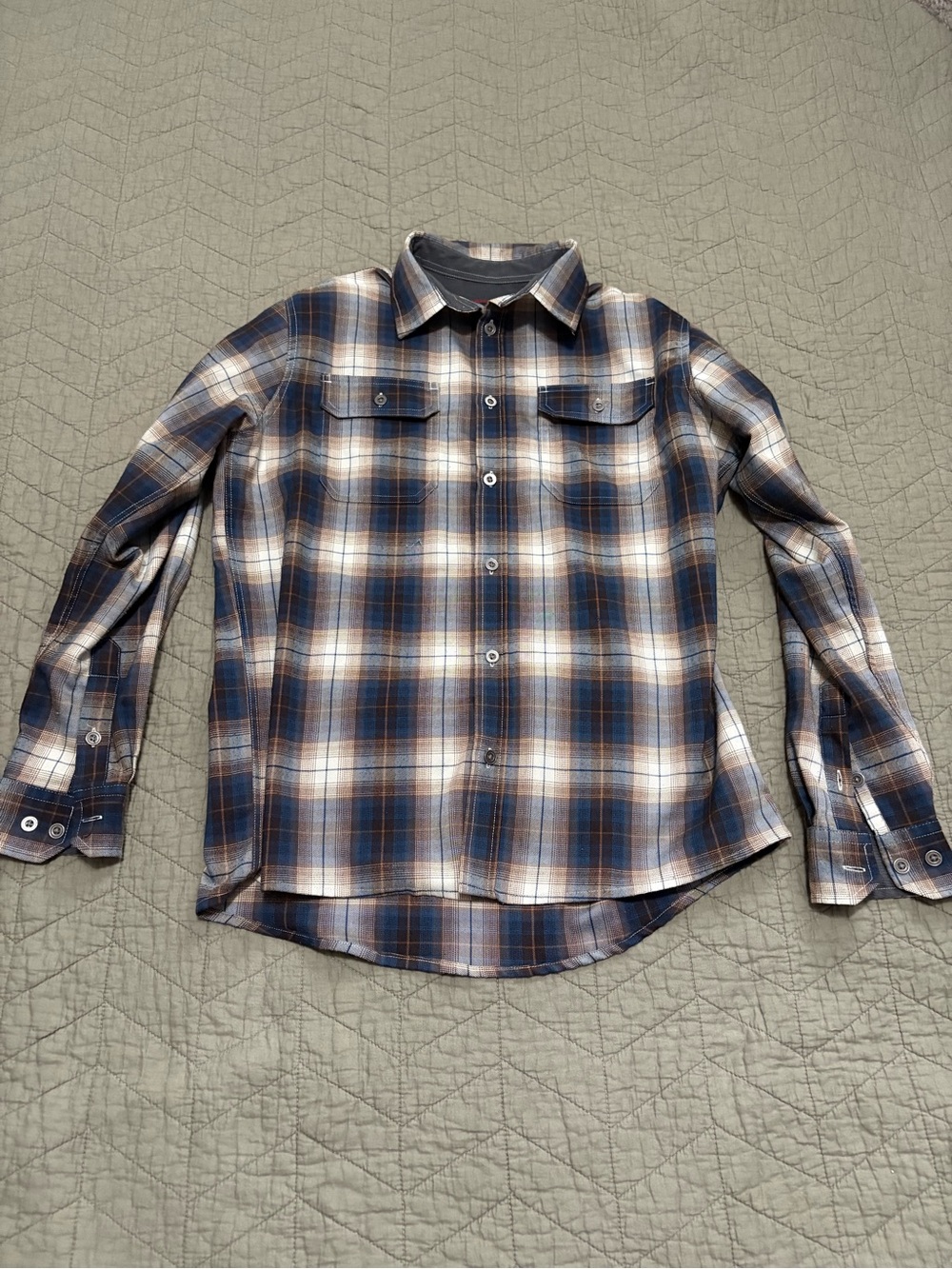 Swiss Tech Plaid Flannel Button Up Shirt Men’s Medium Blue Brown